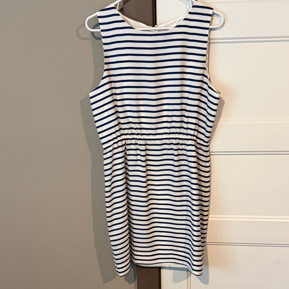 J. Crew White and Navy Striped Sleeveless Midi Dress